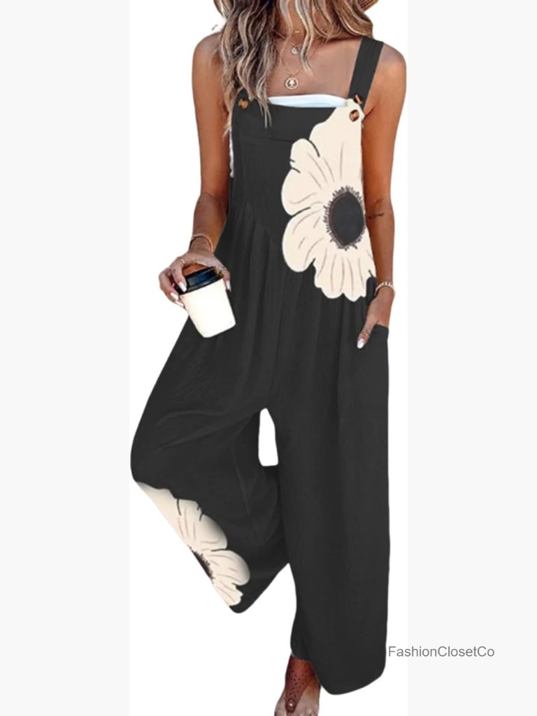 Sleeveless Square Neck Floral Overalls Jumpsuits Wide Leg With Pockets